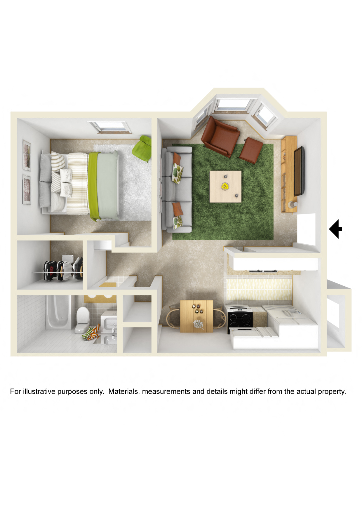Floor plan for 1 bed, 1 bath, 800 sqft
